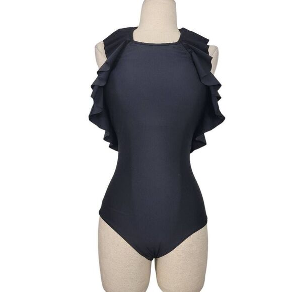NWT Hermoza Marcela Ruffle One Piece Swimsuit Sz 2 Black Halter‎ Open Back - Picture 1 of 8